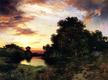 ロングアイランドの夕日2風景トーマス・モラン川 Oil Paintings